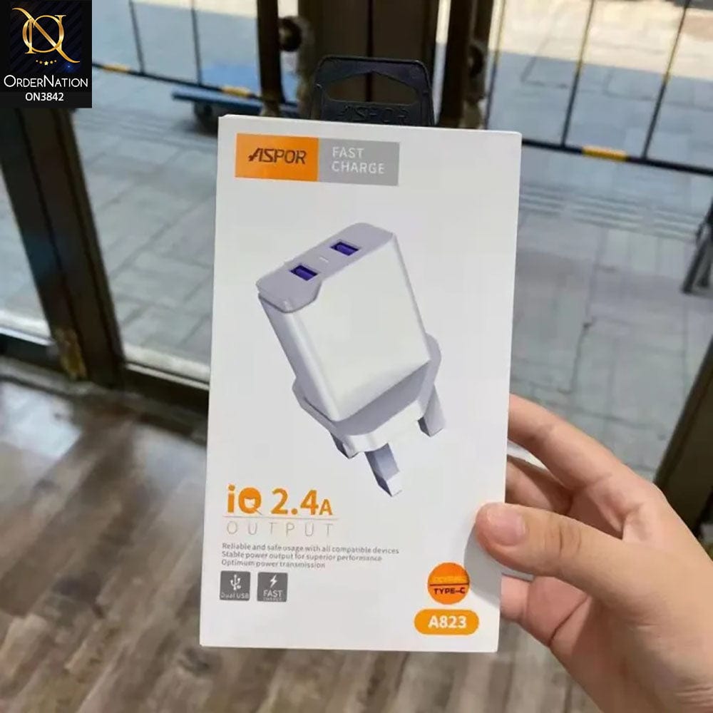 ASPOR A823 DUAL USB 2.4 A IQ Home Charger LED Blue Light 2 USB - White