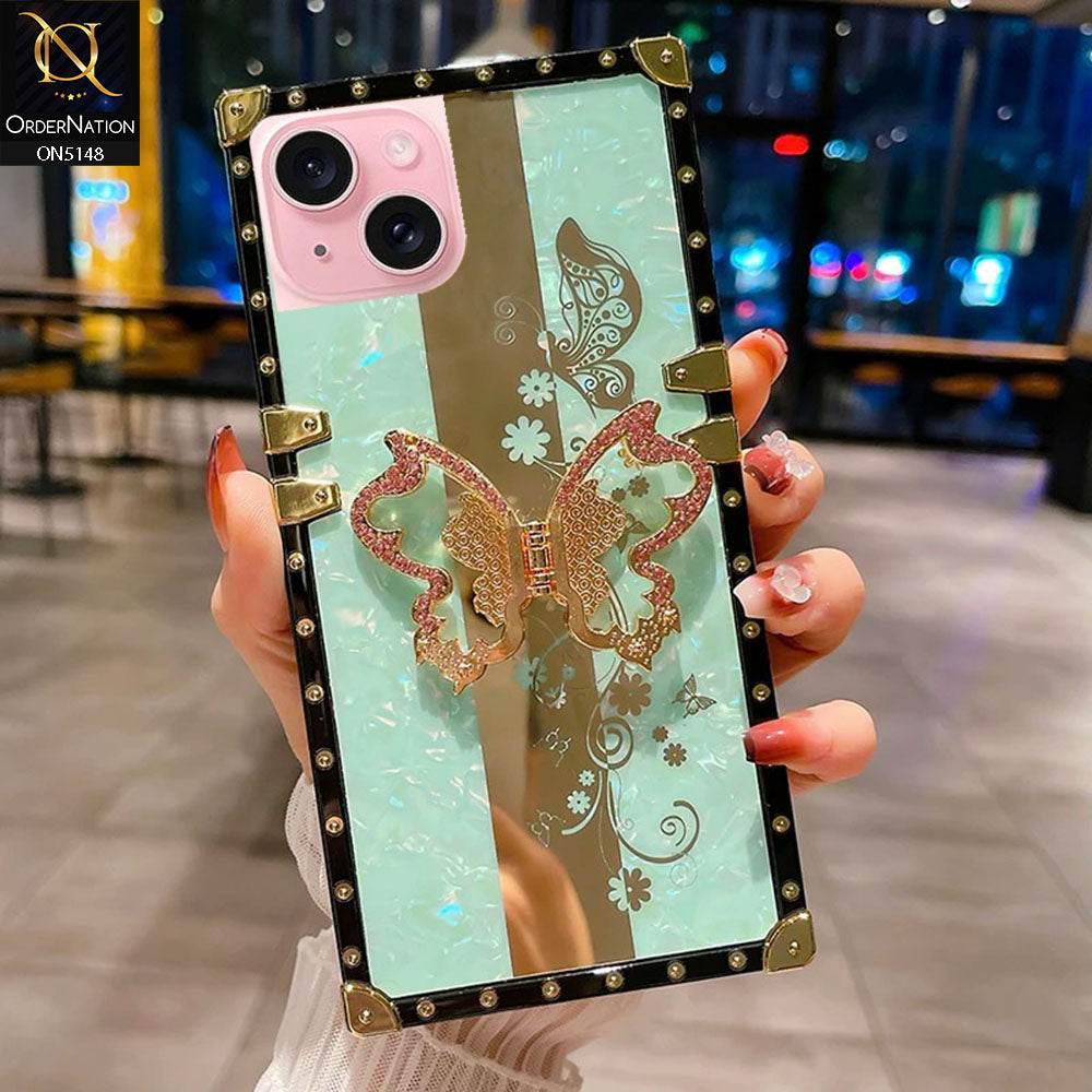 iPhone 13 Cover - Aqua - Luxury Shiny Rhinestone Butterfly Electroplated Square Trunk Soft Case - Futurestore.pk