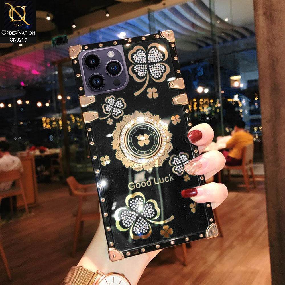 iPhone 16 Pro Max Cover - Black - Square Bling Diamond Glitter Soft TPU Trunk Case with Ring Holder - Futurestore.pk