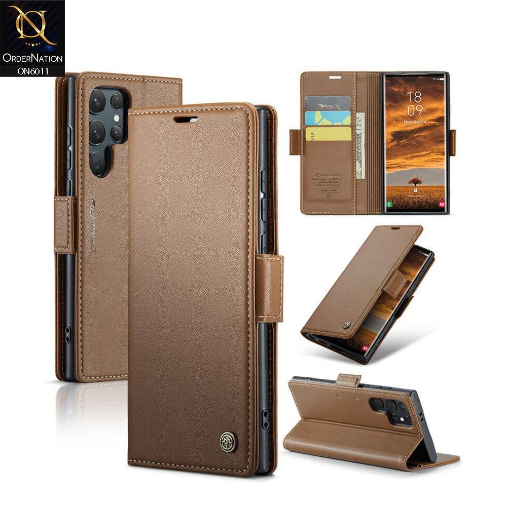 Samsung Galaxy S24 Ultra Cover - Brown - CaseMe Classic Leather Wallet RFID Blocking Magnetic Buckle Flip Book Case