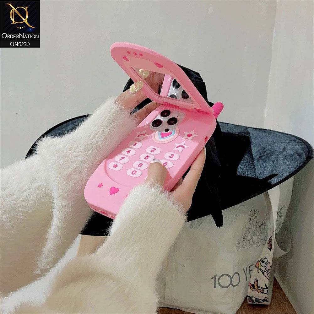 iPhone 13 Cover - Pink - Cute 3D Retro Mirror Flip Phone Style Soft Silicone Case - Futurestore.pk