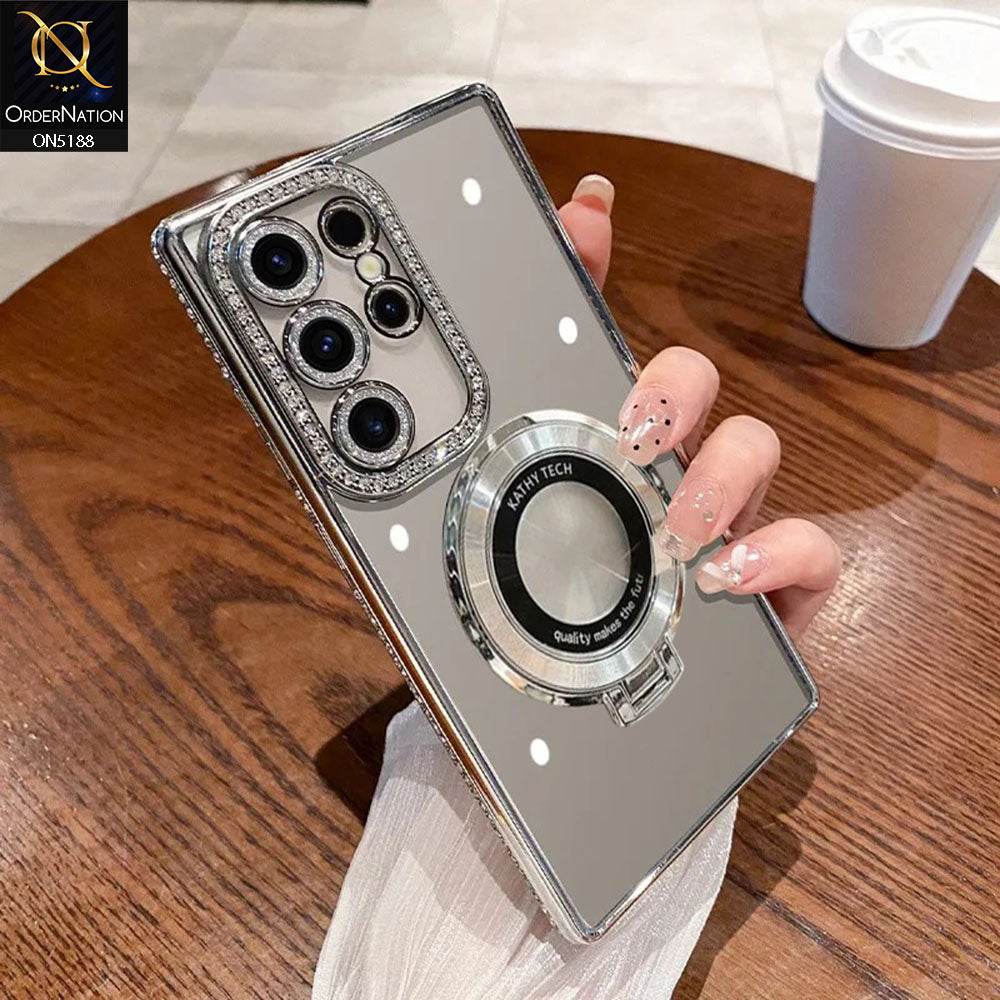 Samsung Galaxy S24 Ultra Cover - Silver - Luxury Diamond Rhinestones Color Electroplating Borders Magsafe Magnetic Stand Holder Soft Clear Case With Camera Protection - Futurestore.pk