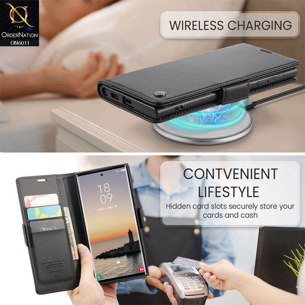 Samsung Galaxy S24 Ultra Cover - Black - CaseMe Classic Leather Wallet RFID Blocking Magnetic Buckle Flip Book Case