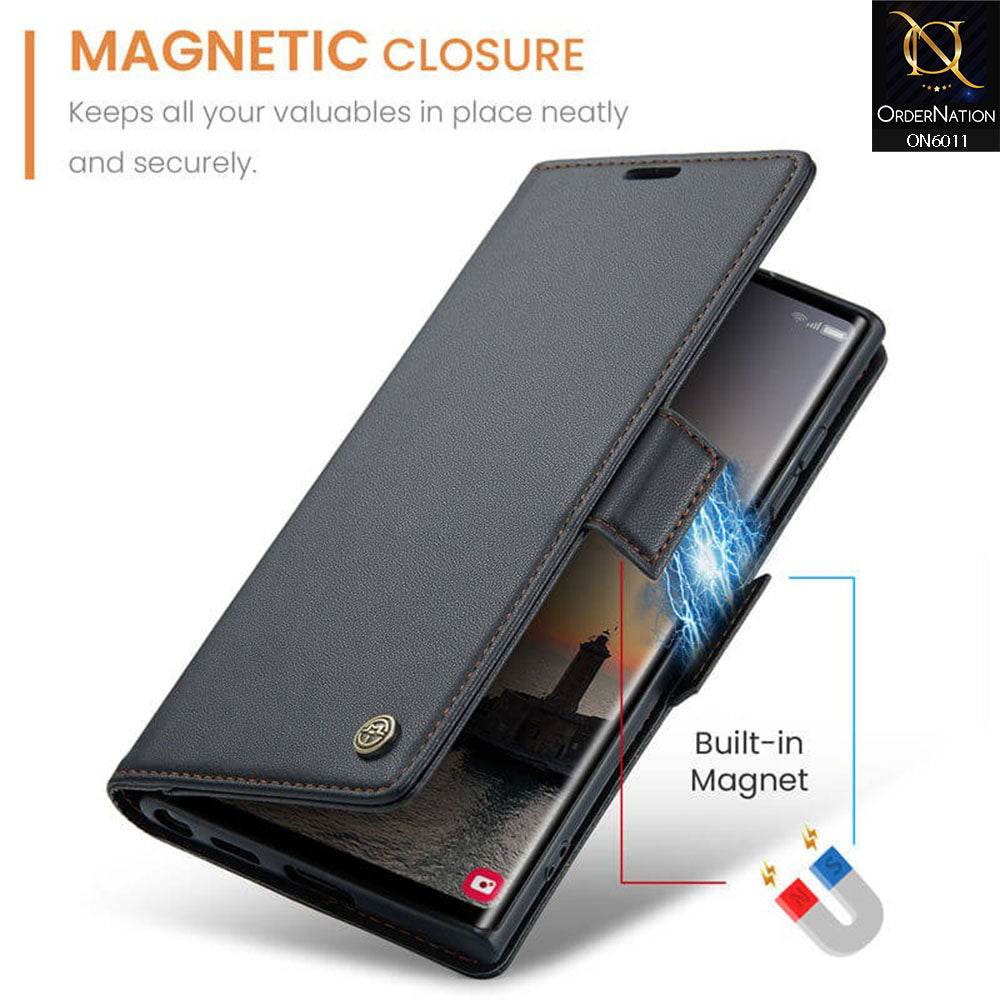 Samsung Galaxy S24 Ultra Cover - Black - CaseMe Classic Leather Wallet RFID Blocking Magnetic Buckle Flip Book Case
