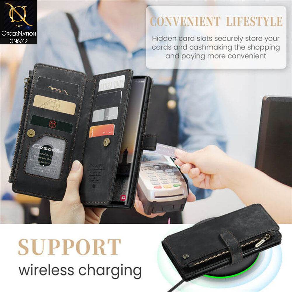 Samsung Galaxy S24 Ultra Cover - Black - CaseMe Premium Leather Zipper Wallet kickstand Case with Wrist Strap