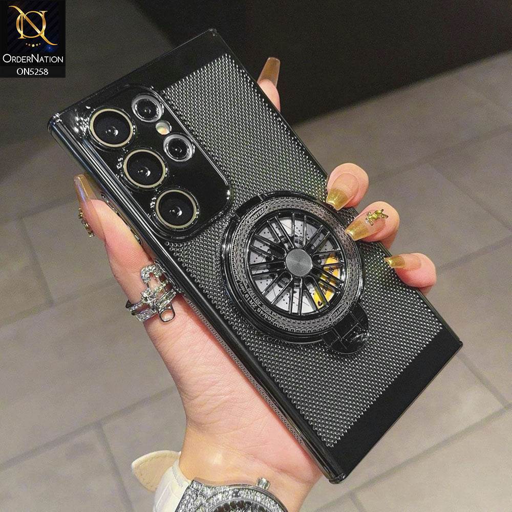 Samsung Galaxy S24 Ultra Cover - Black - New Breathing Mesh Hard Shell Protective Case With Spin Rotating Wheel Kickstand Holder