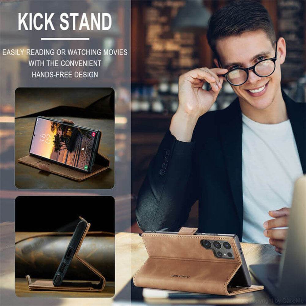 Samsung Galaxy S24 Ultra Cover - Brown - CaseMe Luxury Retro Suede Leather Wallet Flip Book Case