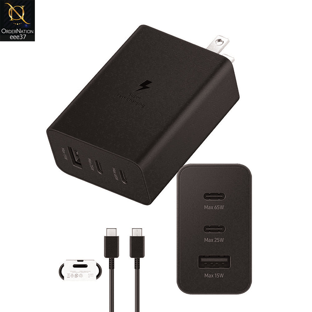 65W US PIN PD Power Adaptor Trio Usb C x 2Ports, Usb-A Port - Black