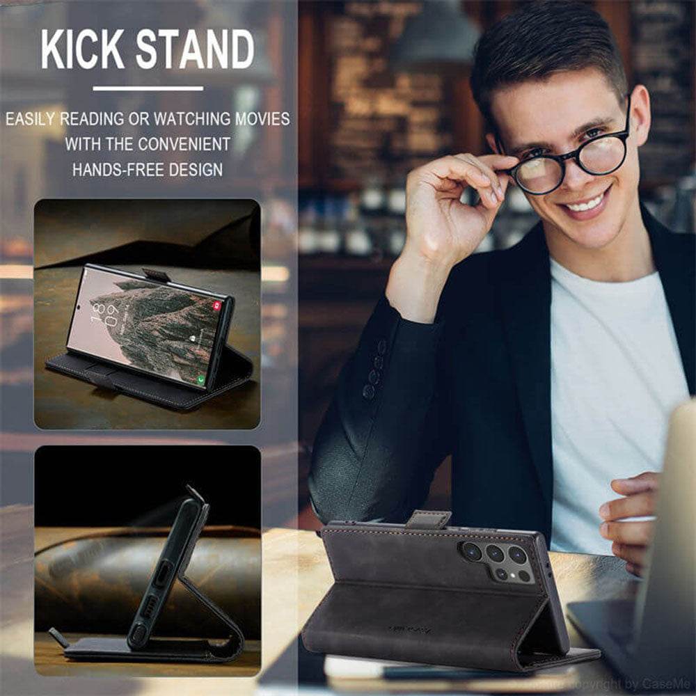 Samsung Galaxy S24 Ultra Cover - Black - CaseMe Luxury Retro Suede Leather Wallet Flip Book Case