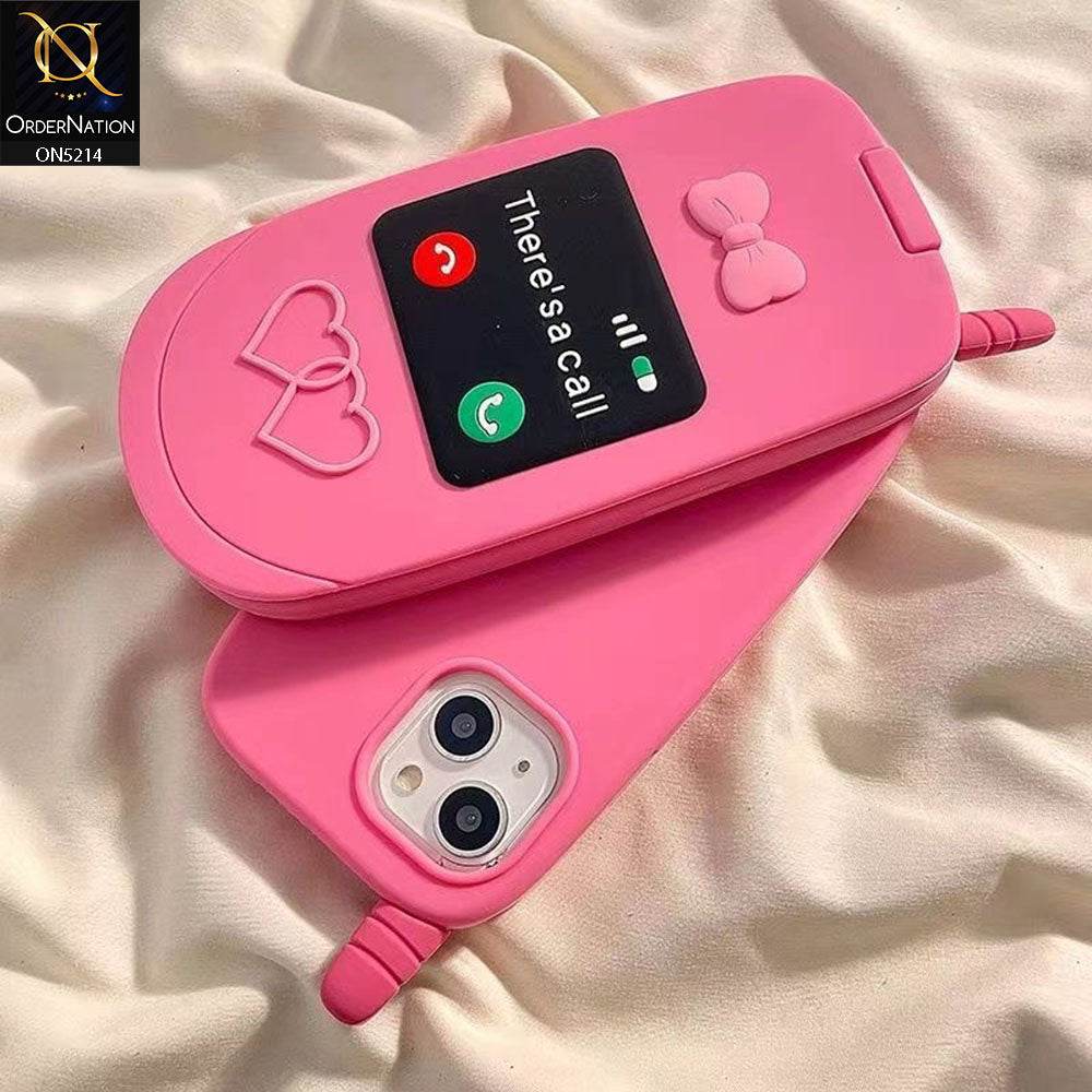 iPhone 13 Cover - Pink - Cute 3D Kawaii Retro Flip Phone Style Soft Silicone Case With View Mirror - Futurestore.pk