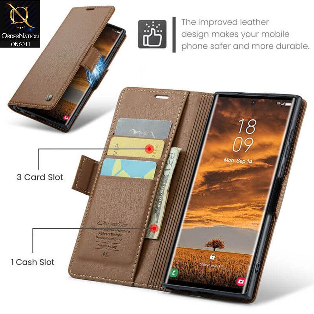 Samsung Galaxy S24 Ultra Cover - Brown - CaseMe Classic Leather Wallet RFID Blocking Magnetic Buckle Flip Book Case