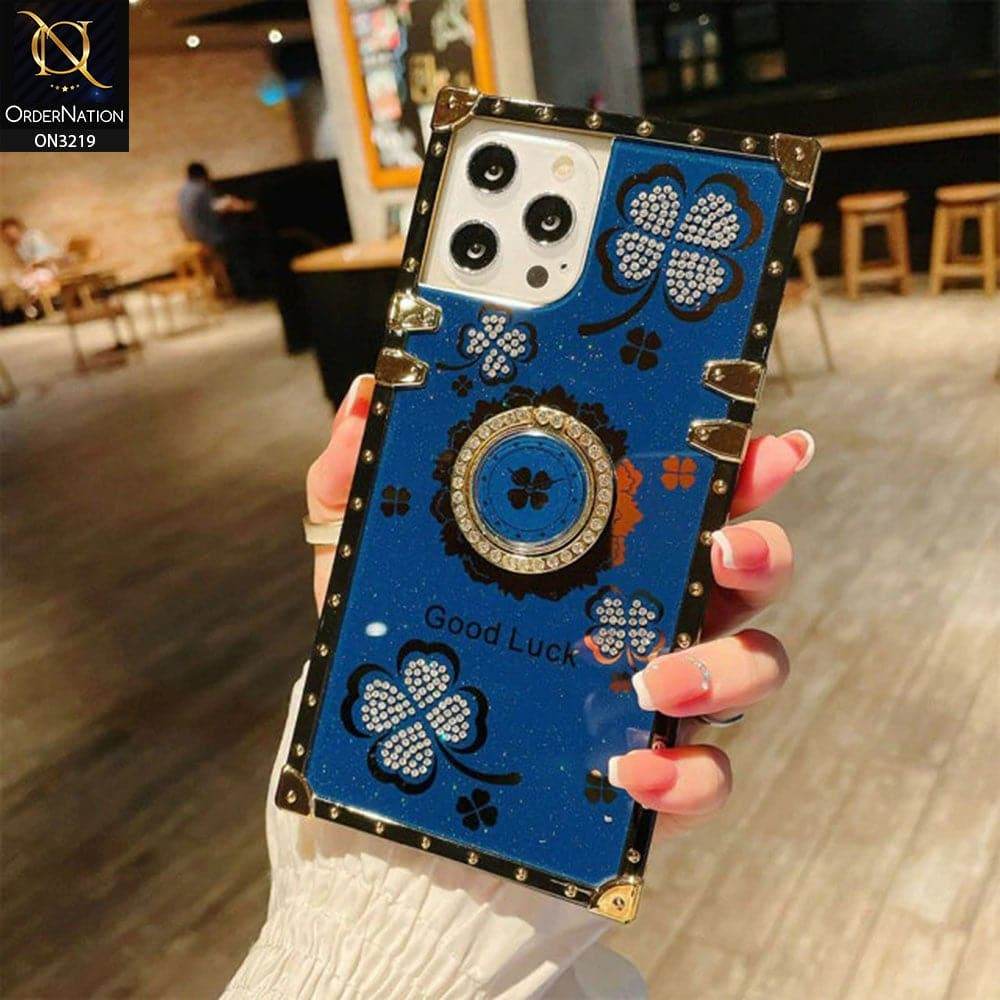 iPhone 16 Pro Max Cover - Blue - Square Bling Diamond Glitter Soft TPU Trunk Case with Ring Holder - Futurestore.pk