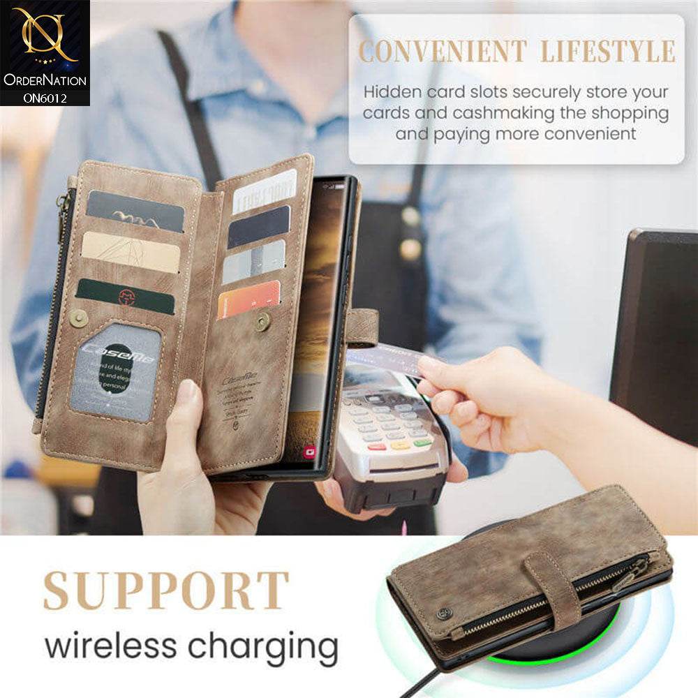 Samsung Galaxy S24 Ultra Cover - Coffee - CaseMe Premium Leather Zipper Wallet kickstand Case with Wrist Strap