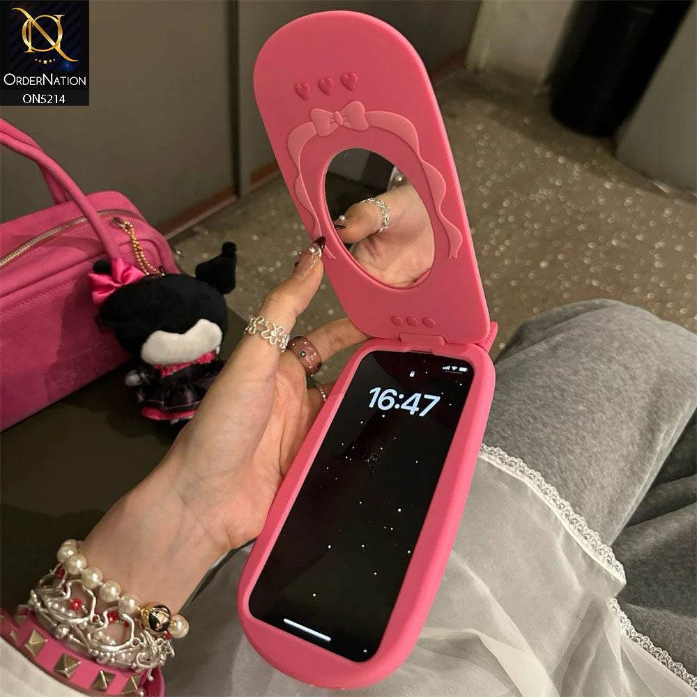 iPhone 13 Cover - Pink - Cute 3D Kawaii Retro Flip Phone Style Soft Silicone Case With View Mirror - Futurestore.pk