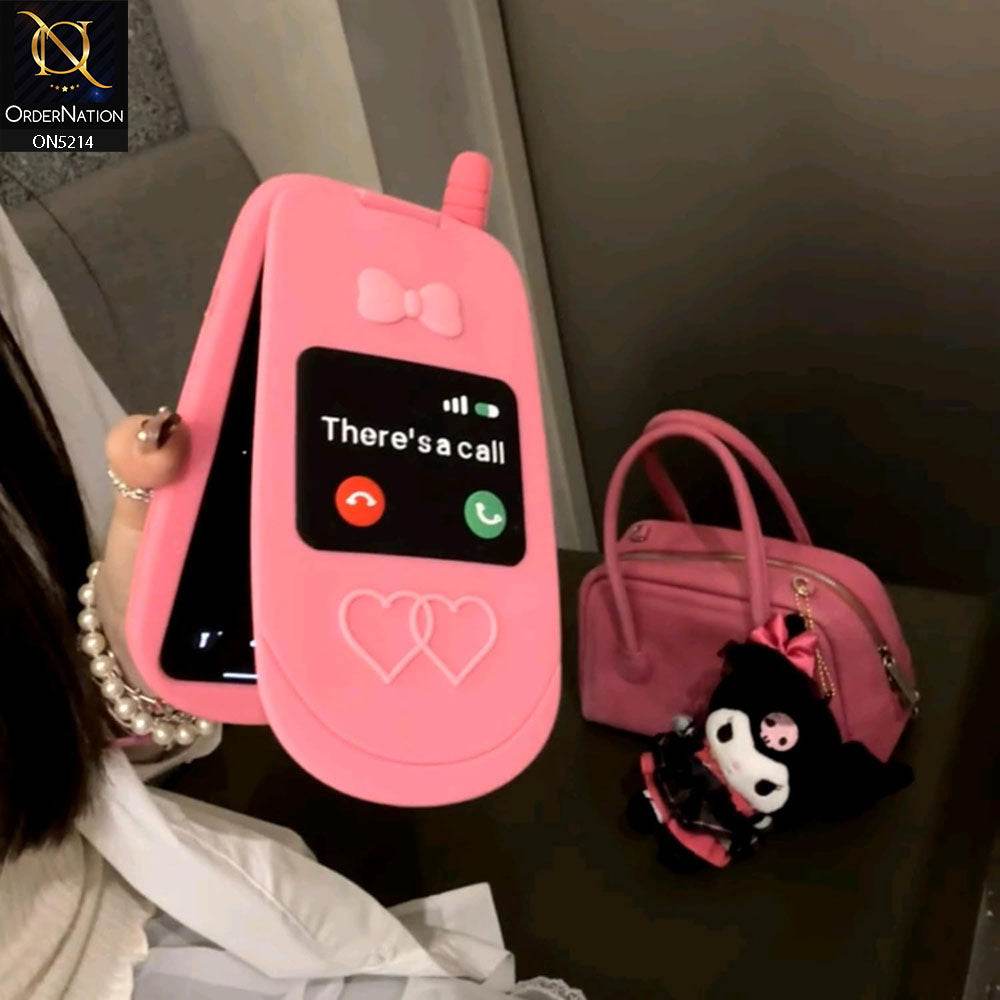 iPhone 13 Cover - Pink - Cute 3D Kawaii Retro Flip Phone Style Soft Silicone Case With View Mirror - Futurestore.pk