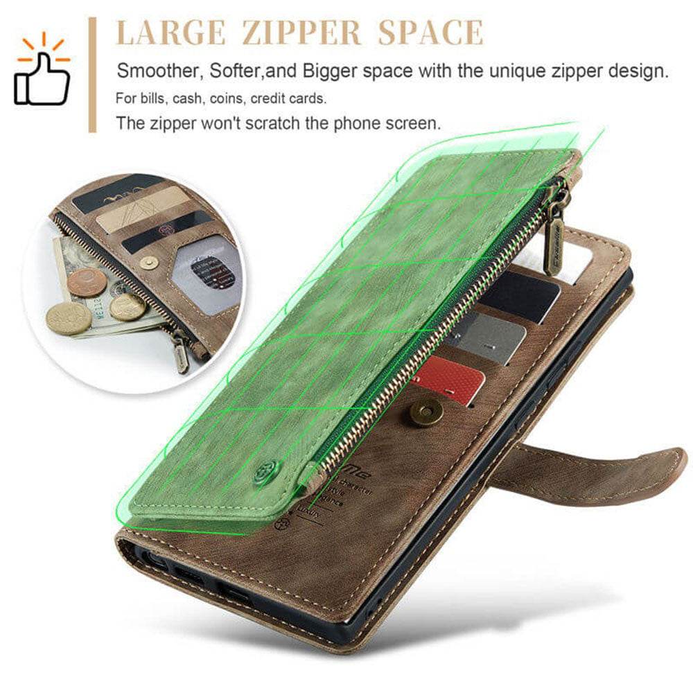 Samsung Galaxy S24 Ultra Cover - Coffee - CaseMe Premium Leather Zipper Wallet kickstand Case with Wrist Strap