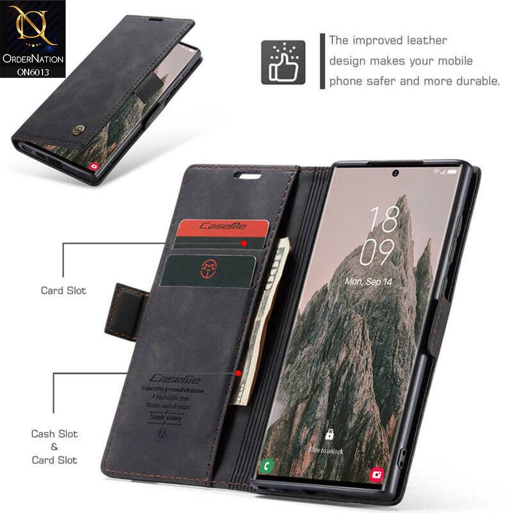 Samsung Galaxy S24 Ultra Cover - Black - CaseMe Luxury Retro Suede Leather Wallet Flip Book Case