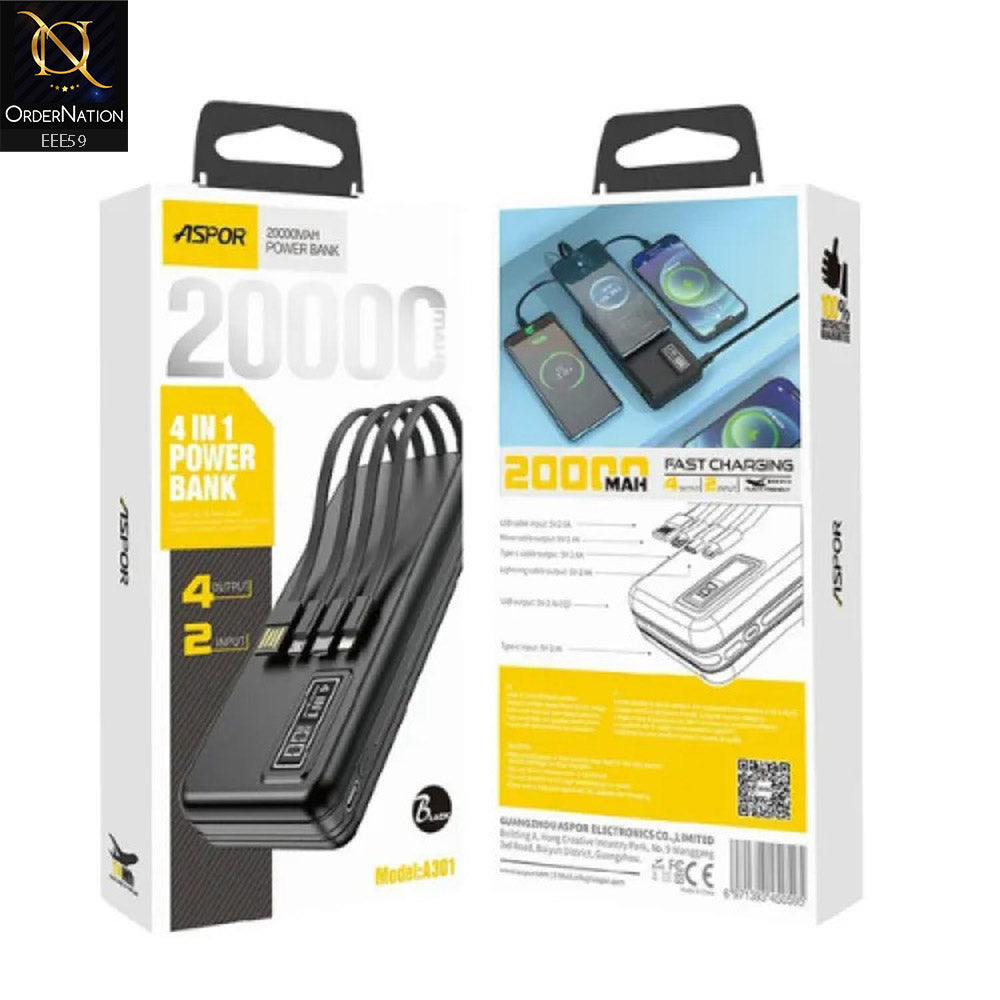 Aspor A301 4 in1 Power Bank 20000 MAH With LCD Digital Display - Black