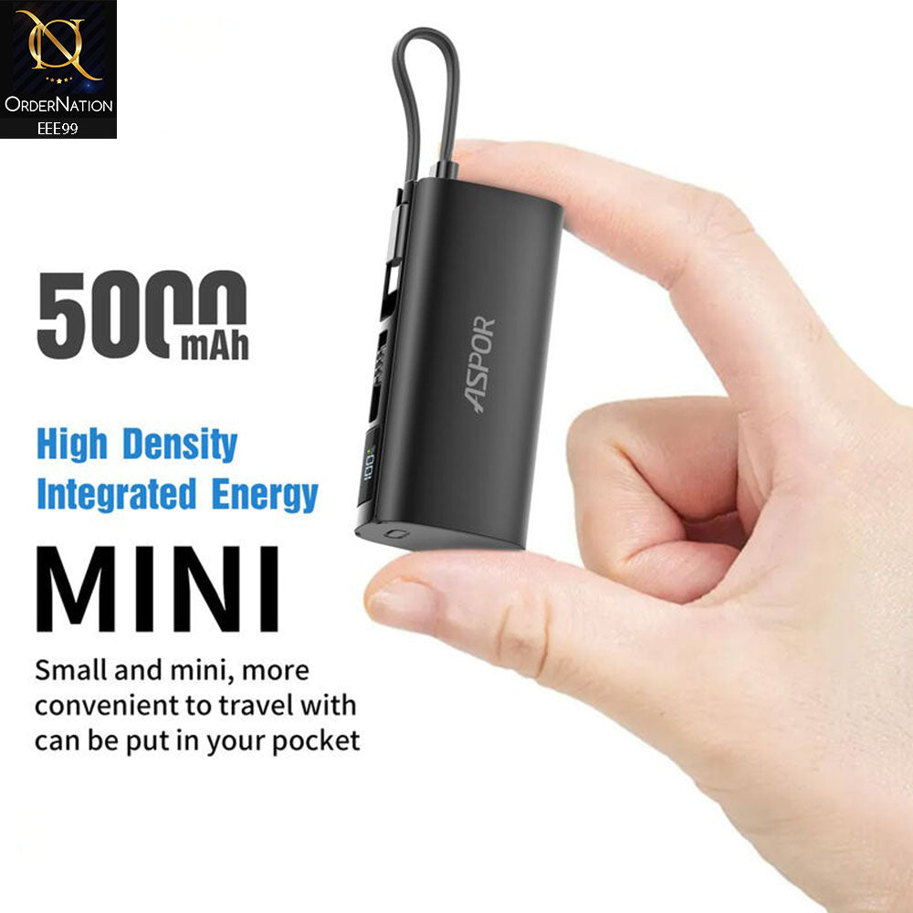 ASPOR A352 5000mAh PD 20W Mini Emergency Pocket Power Bank With Type-C cable and Type-C Connector - Black