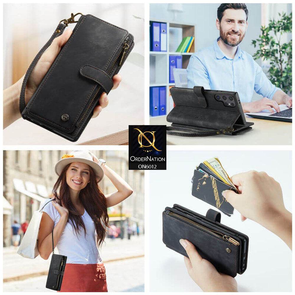 Samsung Galaxy S24 Ultra Cover - Black - CaseMe Premium Leather Zipper Wallet kickstand Case with Wrist Strap