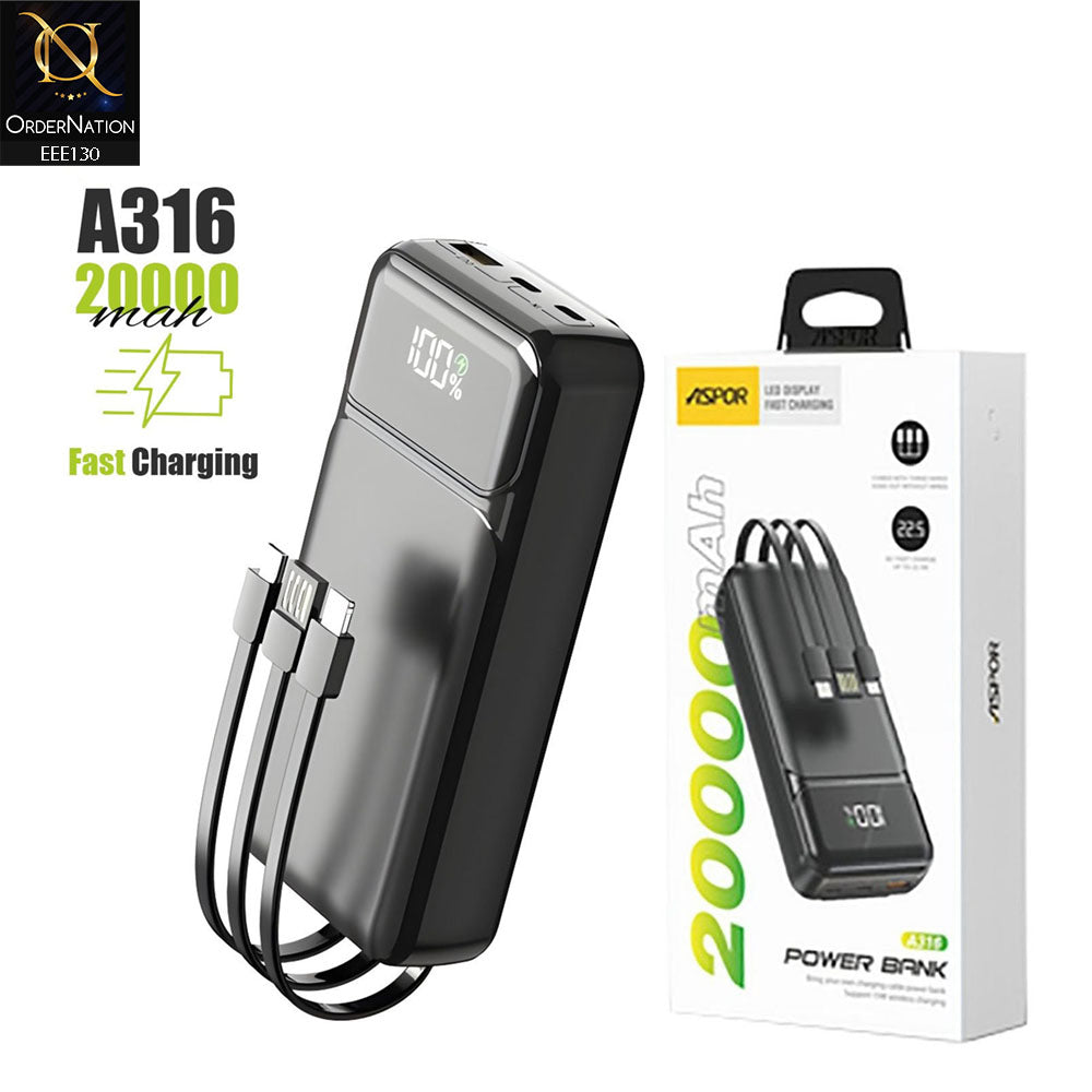 Aspor A316 20000mAh 22.5W Built-in Cable Fast Charging Power Bank - Black