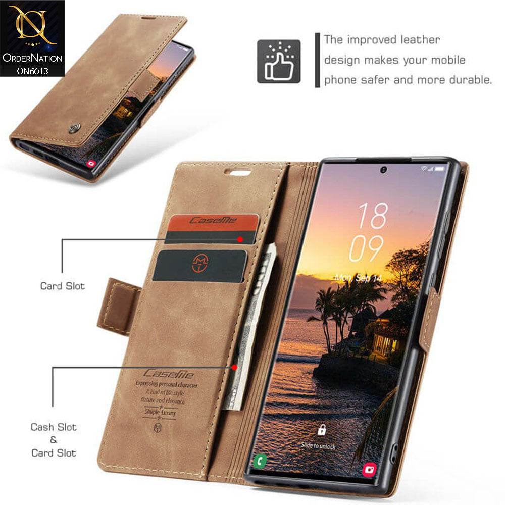 Samsung Galaxy S24 Ultra Cover - Brown - CaseMe Luxury Retro Suede Leather Wallet Flip Book Case
