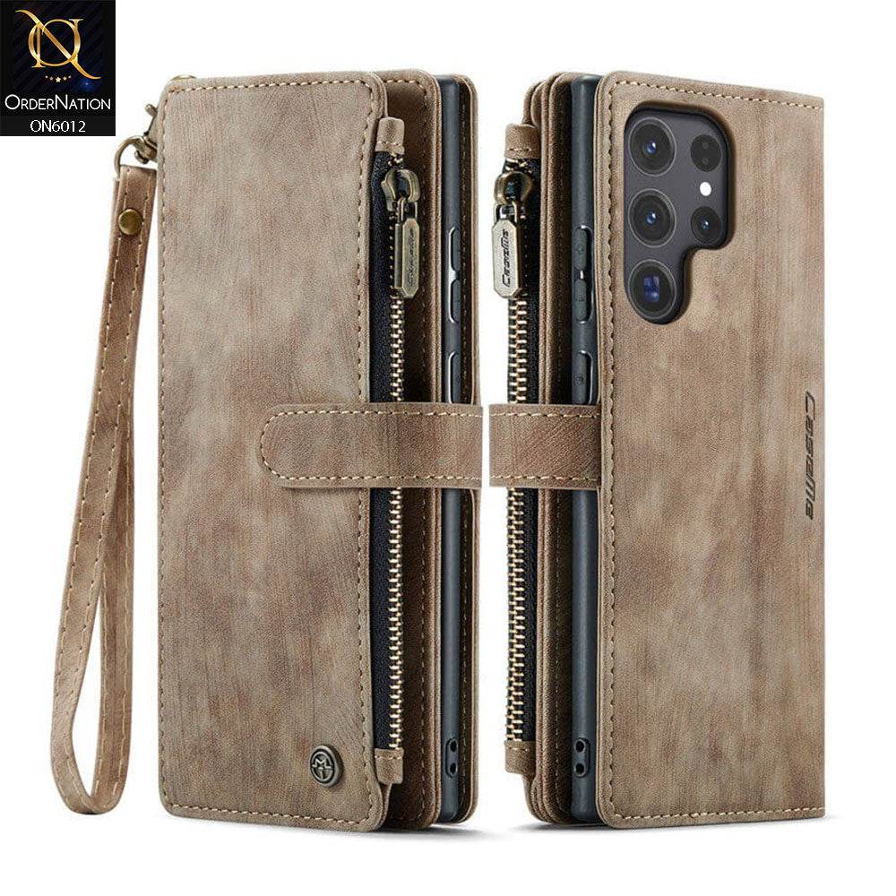 Samsung Galaxy S24 Ultra Cover - Coffee - CaseMe Premium Leather Zipper Wallet kickstand Case with Wrist Strap