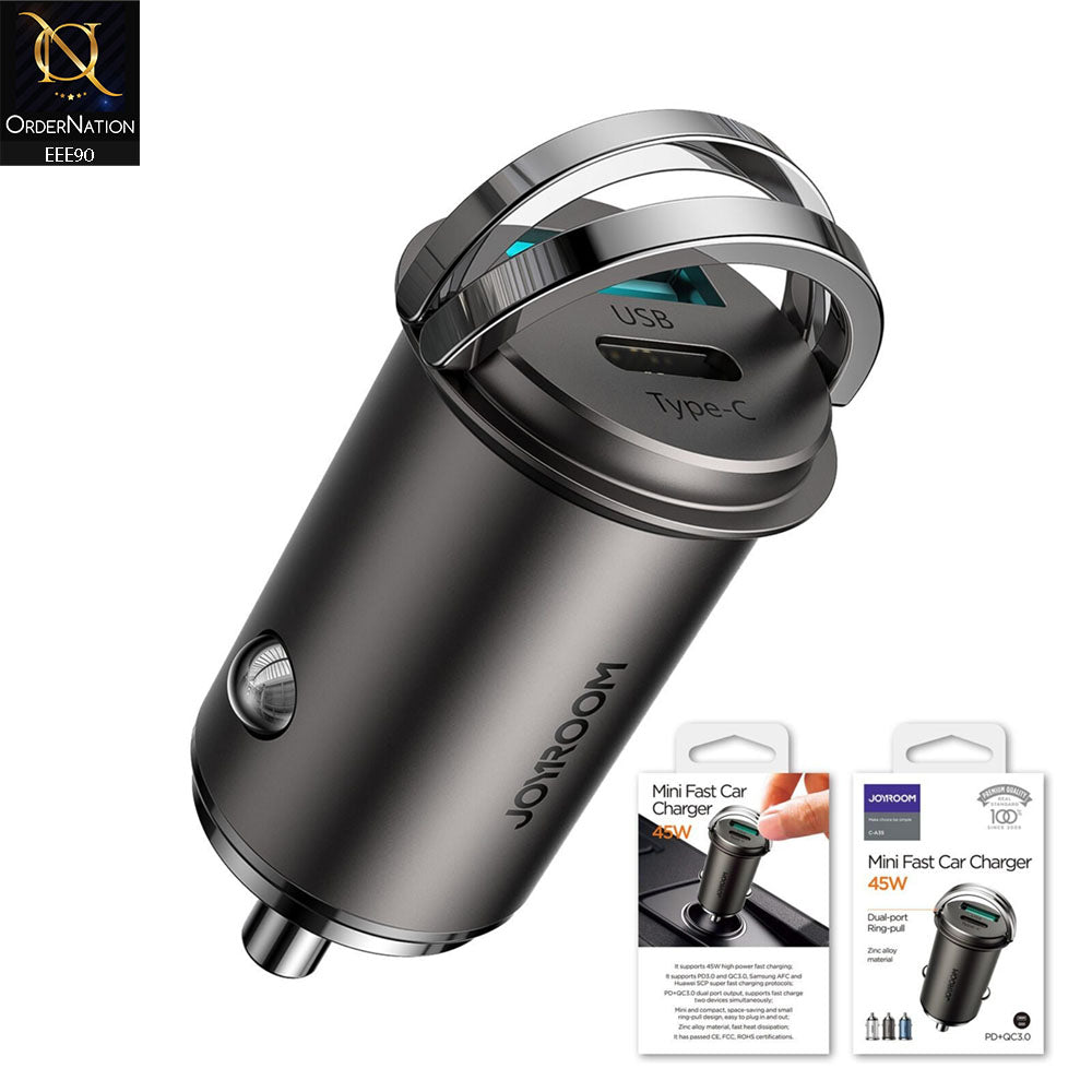 JOYROOM C-A35 45W Mini Dual-port PD+QC 3.0 Ring-Pull Fast Car Charger - Black