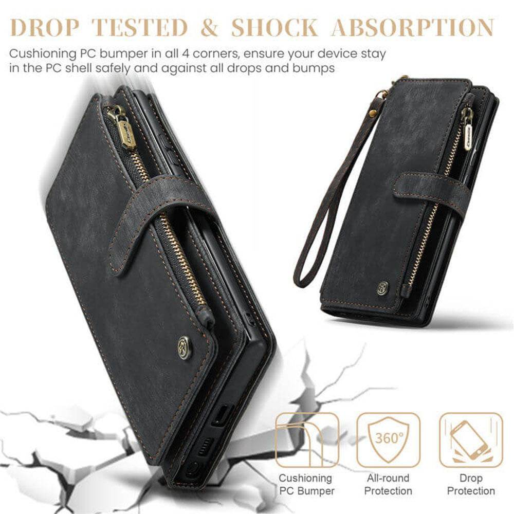 Samsung Galaxy S24 Ultra Cover - Black - CaseMe Premium Leather Zipper Wallet kickstand Case with Wrist Strap