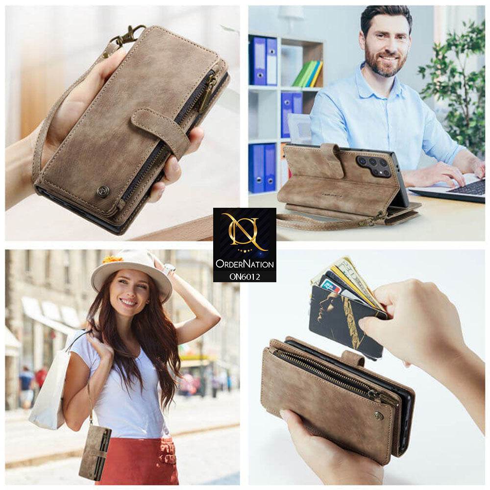 Samsung Galaxy S24 Ultra Cover - Coffee - CaseMe Premium Leather Zipper Wallet kickstand Case with Wrist Strap