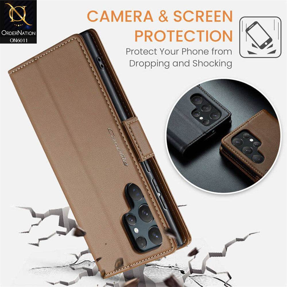 Samsung Galaxy S24 Ultra Cover - Brown - CaseMe Classic Leather Wallet RFID Blocking Magnetic Buckle Flip Book Case