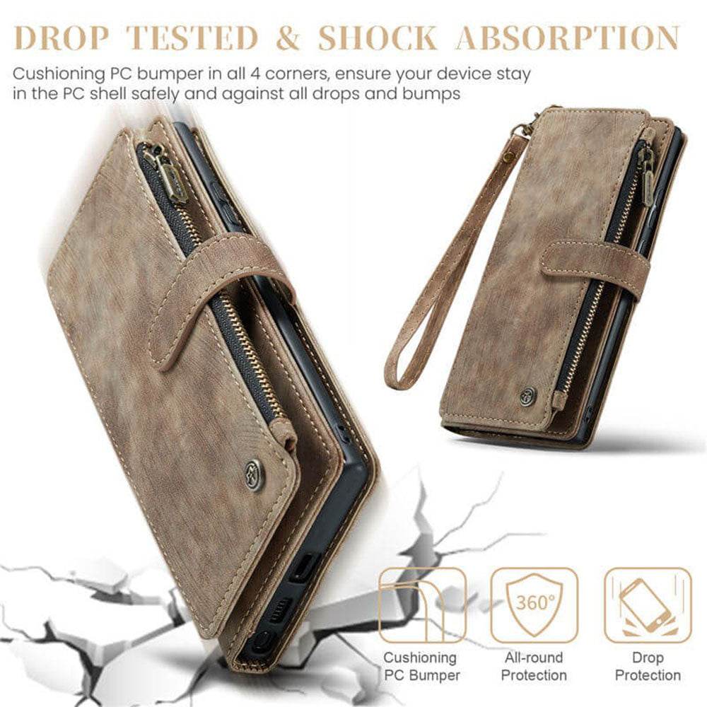 Samsung Galaxy S24 Ultra Cover - Coffee - CaseMe Premium Leather Zipper Wallet kickstand Case with Wrist Strap