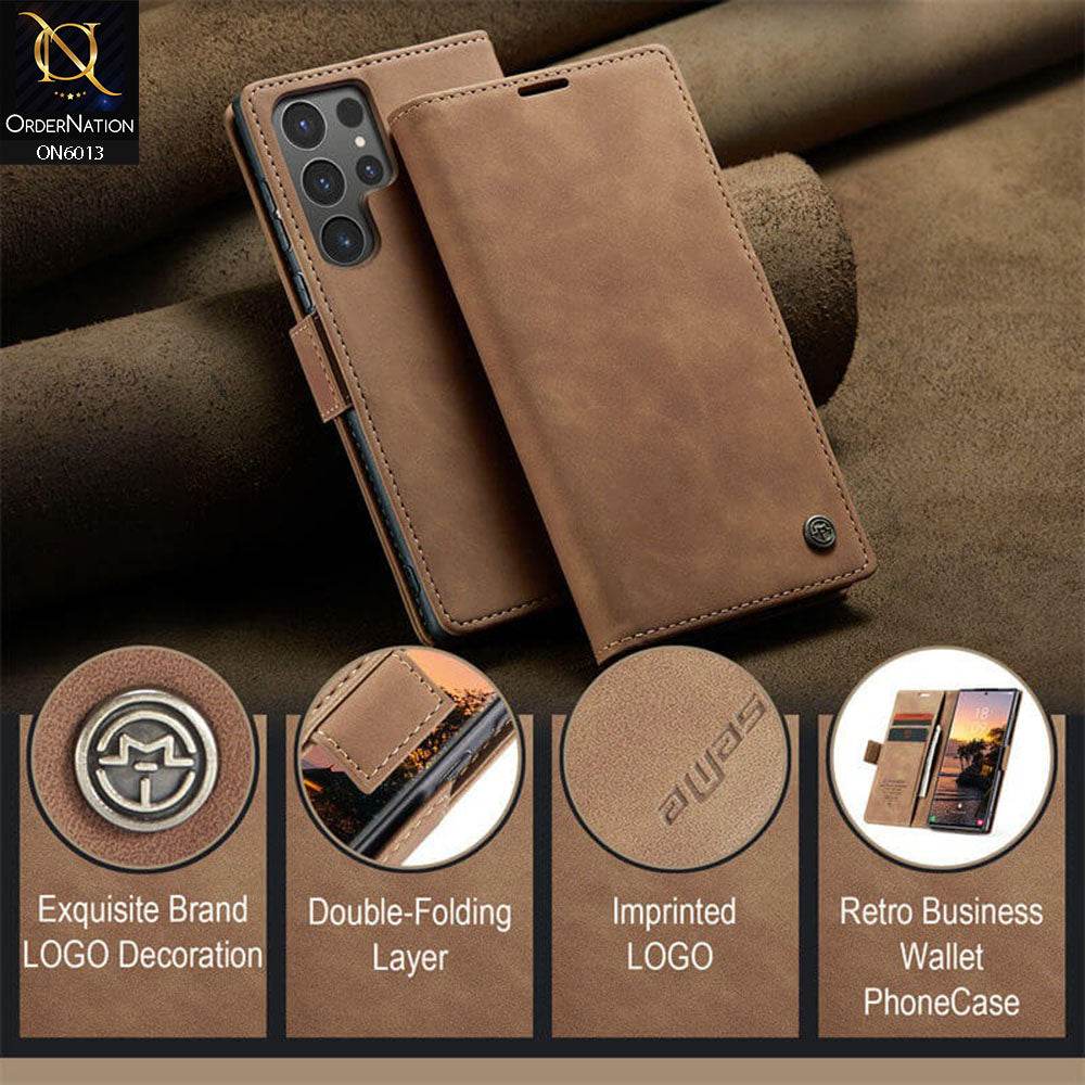 Samsung Galaxy S24 Ultra Cover - Brown - CaseMe Luxury Retro Suede Leather Wallet Flip Book Case