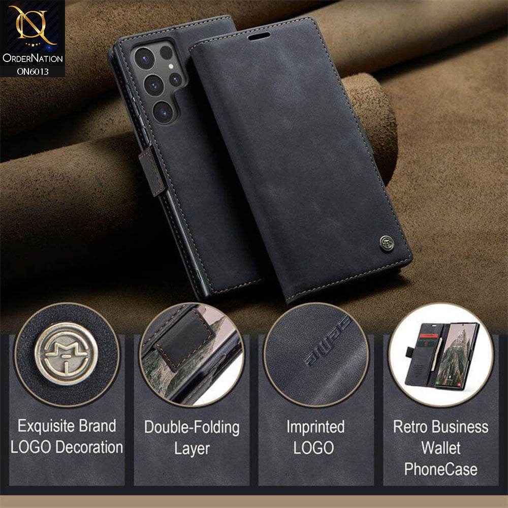 Samsung Galaxy S24 Ultra Cover - Black - CaseMe Luxury Retro Suede Leather Wallet Flip Book Case