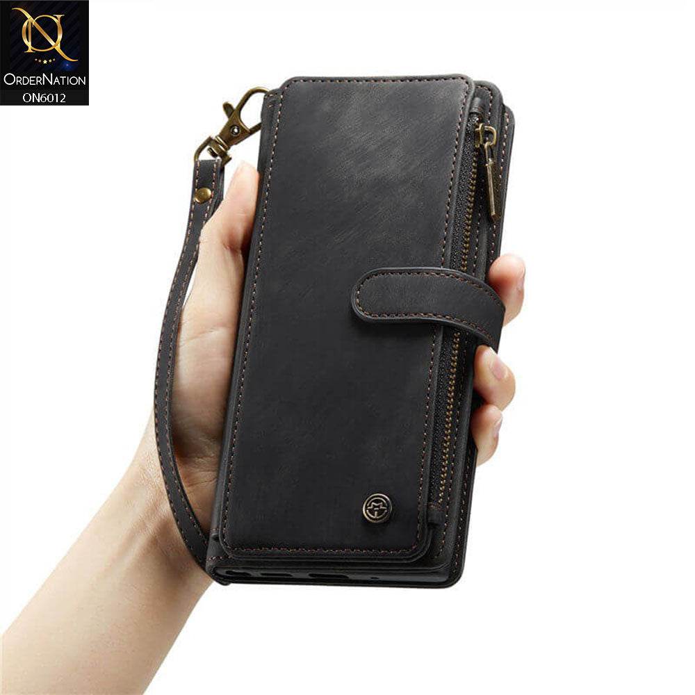 Samsung Galaxy S24 Ultra Cover - Black - CaseMe Premium Leather Zipper Wallet kickstand Case with Wrist Strap
