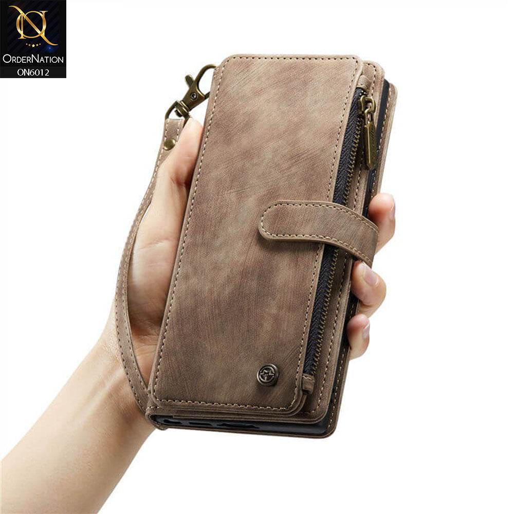 Samsung Galaxy S24 Ultra Cover - Coffee - CaseMe Premium Leather Zipper Wallet kickstand Case with Wrist Strap