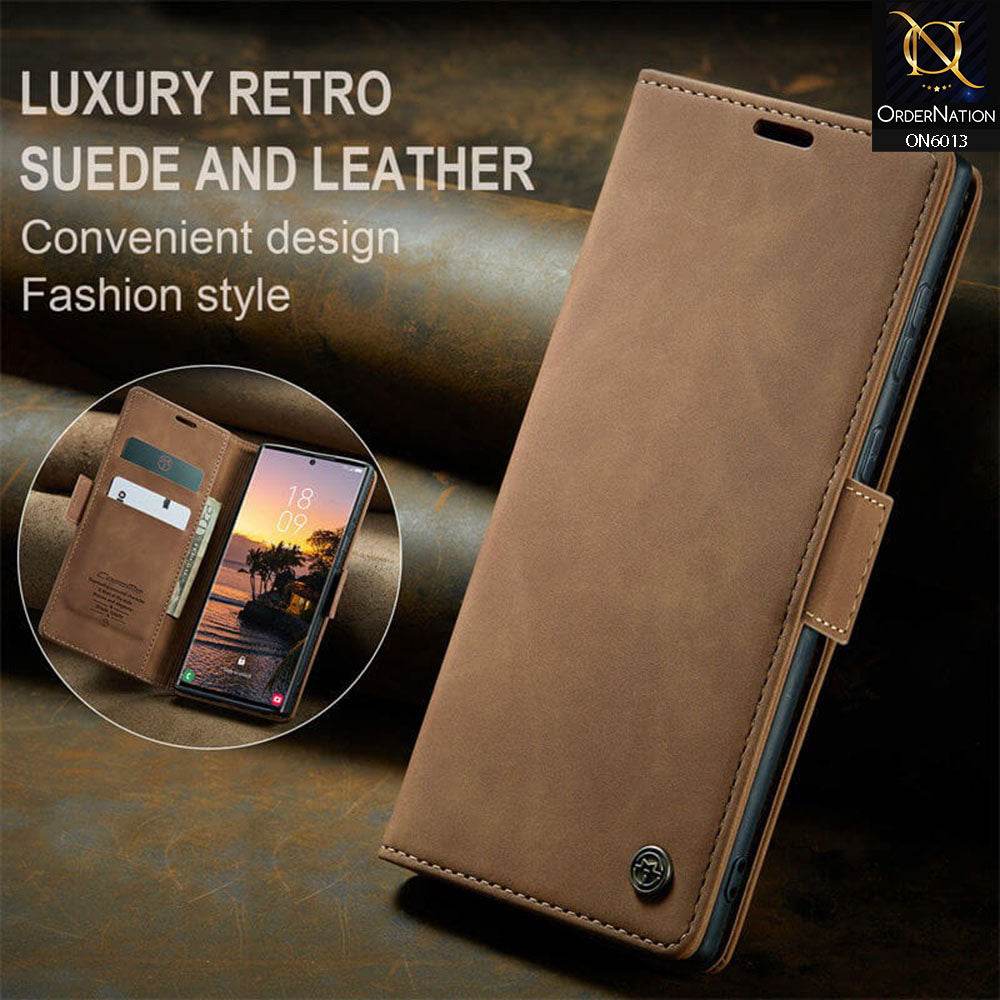 Samsung Galaxy S24 Ultra Cover - Brown - CaseMe Luxury Retro Suede Leather Wallet Flip Book Case