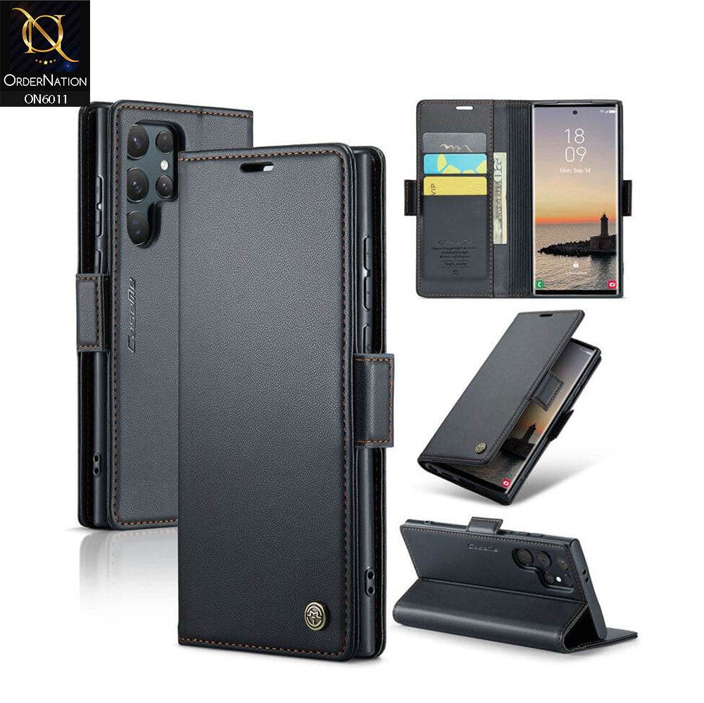 Samsung Galaxy S24 Ultra Cover - Black - CaseMe Classic Leather Wallet RFID Blocking Magnetic Buckle Flip Book Case