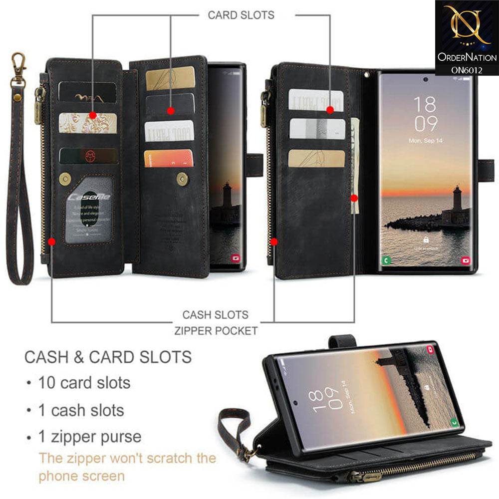 Samsung Galaxy S24 Ultra Cover - Black - CaseMe Premium Leather Zipper Wallet kickstand Case with Wrist Strap
