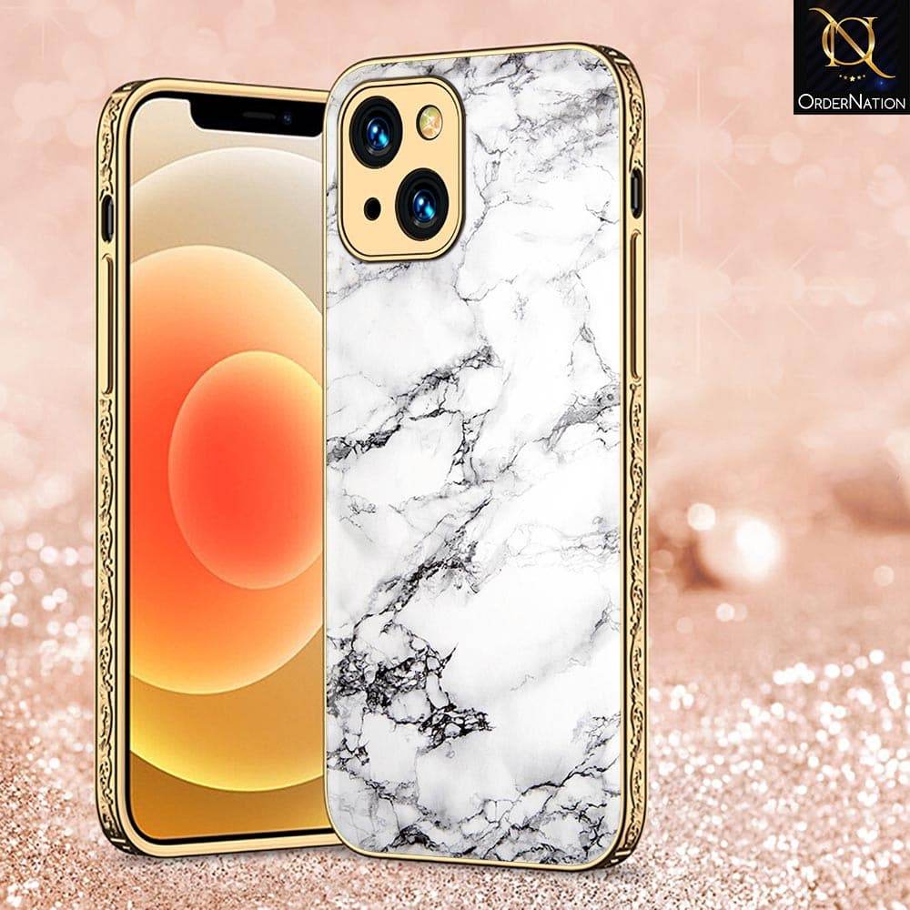 iPhone 13 Cover - White Marble Series - HQ Ultra Shine Premium Infinity Glass Soft Silicon Borders Case Premium Electroplated Glass Soft Case Design1