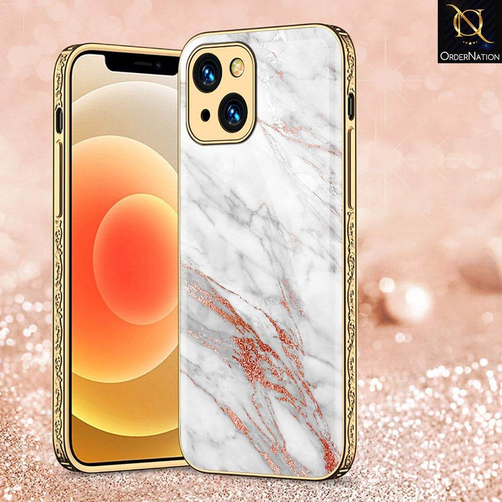 iPhone 13 Cover - White Marble Series - HQ Ultra Shine Premium Infinity Glass Soft Silicon Borders Case Premium Electroplated Glass Soft Case Design2