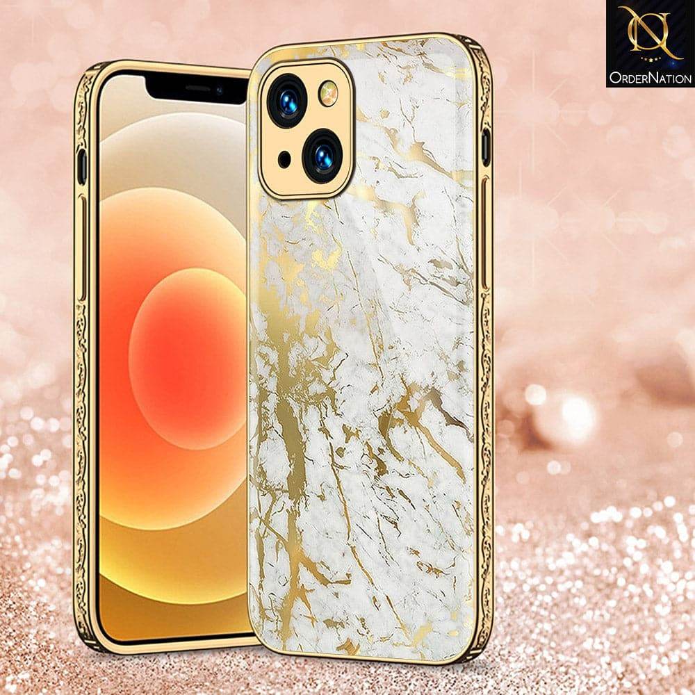 iPhone 13 Cover - White Marble Series - HQ Ultra Shine Premium Infinity Glass Soft Silicon Borders Case Premium Electroplated Glass Soft Case Design3