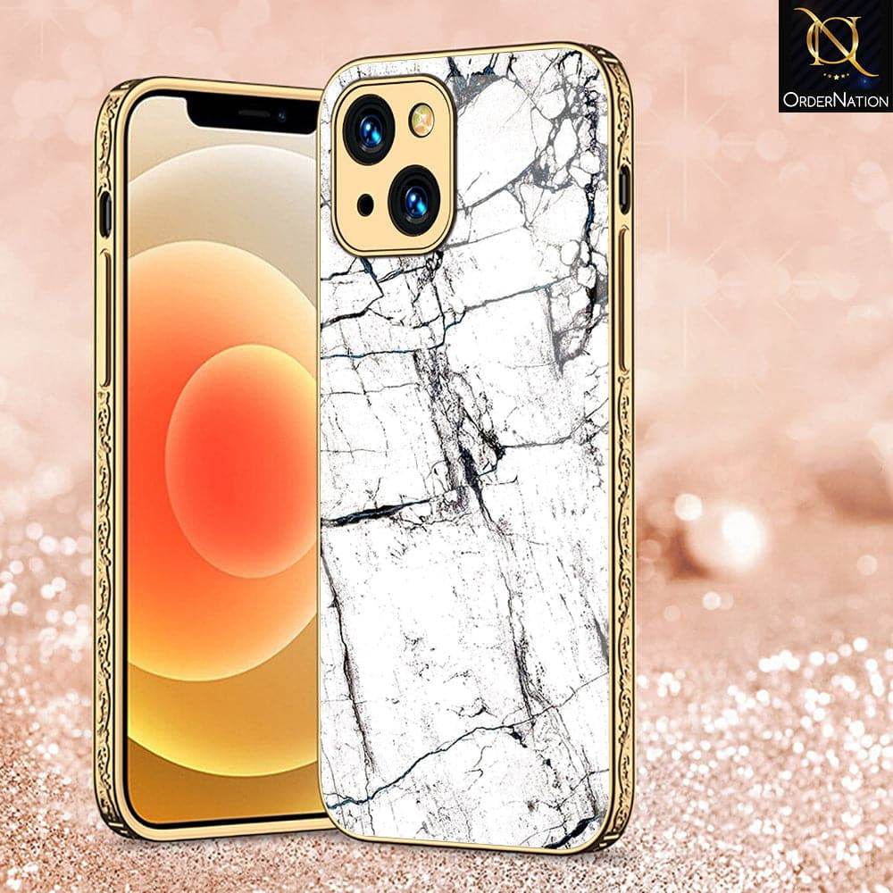 iPhone 13 Cover - White Marble Series 2 - HQ Ultra Shine Premium Infinity Glass Soft Silicon Borders Case Premium Electroplated Glass Soft Case Design2