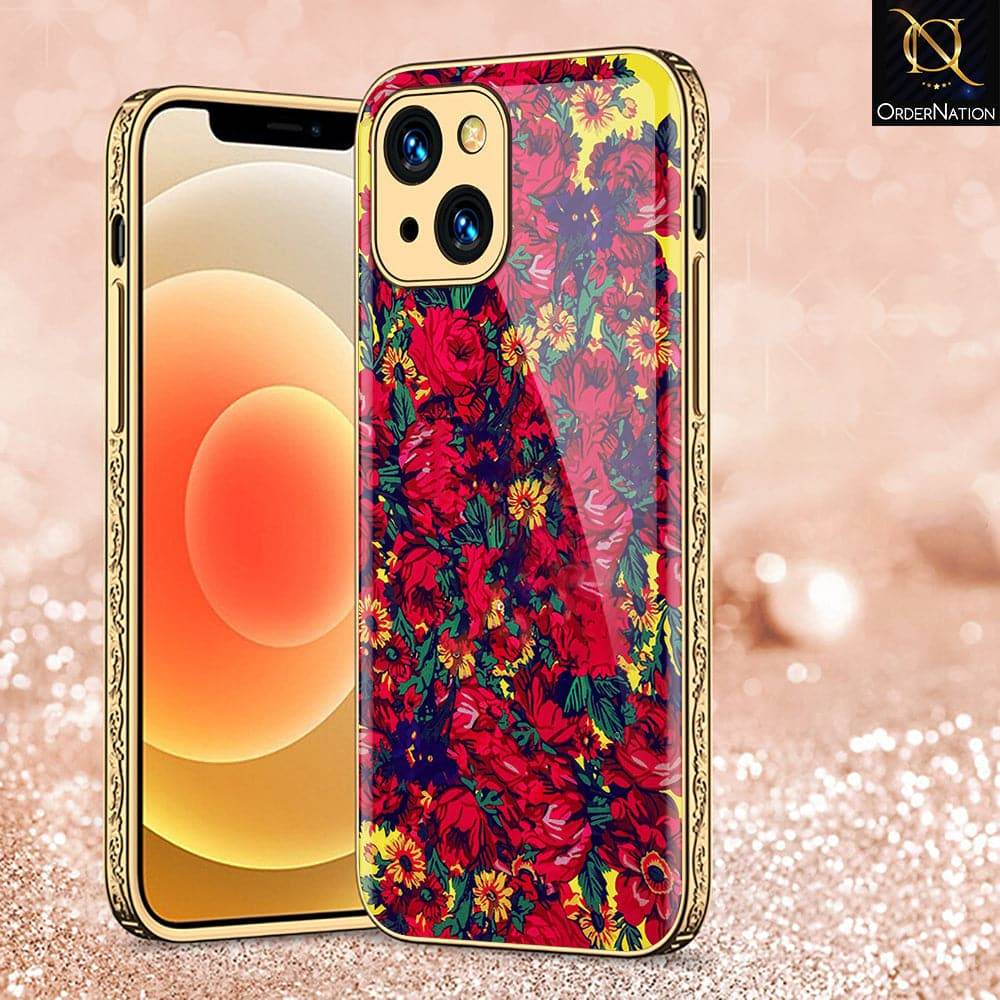 iPhone 13 Cover - Floral Series - HQ Ultra Shine Premium Infinity Glass Soft Silicon Borders Case Premium Electroplated Glass Soft Case Design1