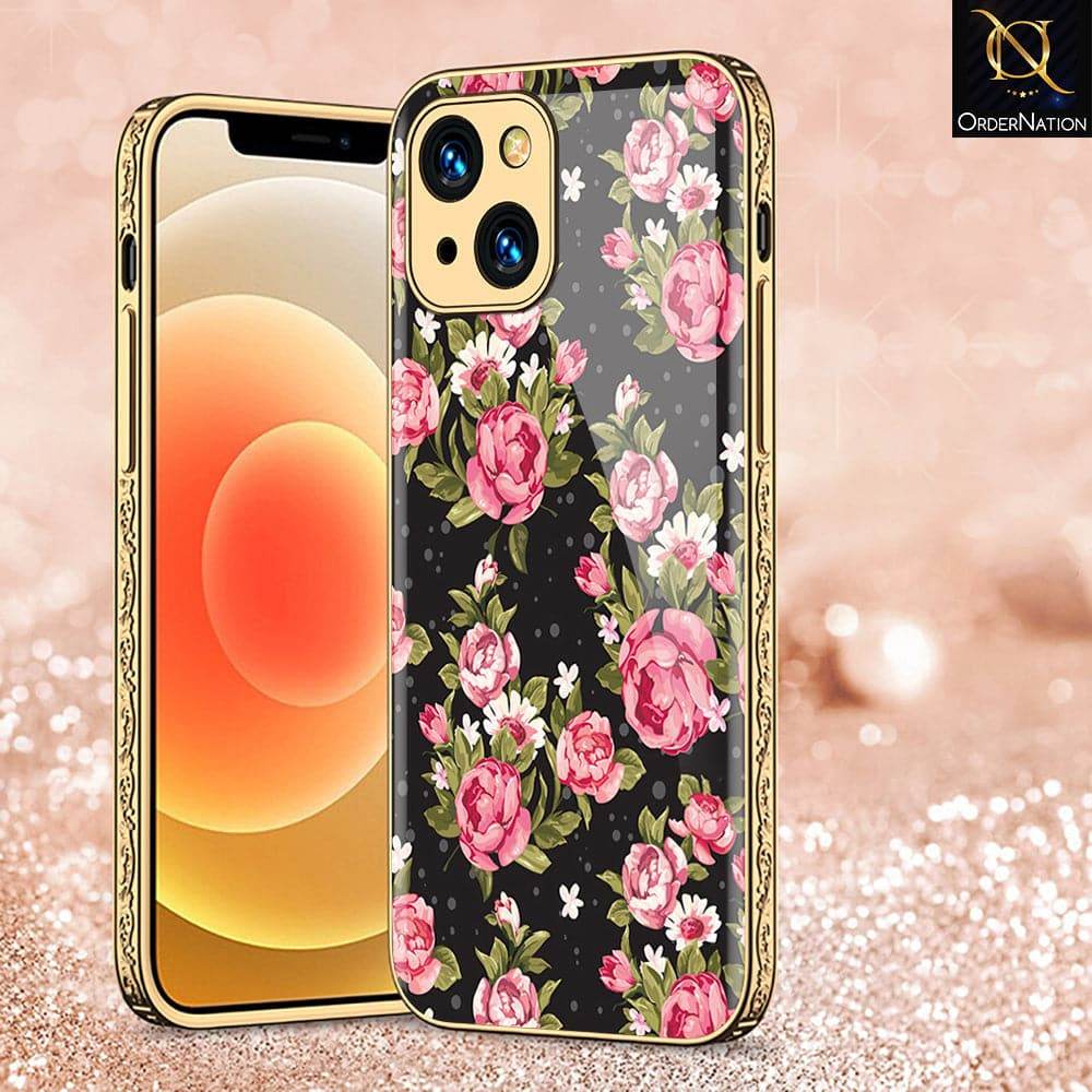 iPhone 13 Cover - Floral Series - HQ Ultra Shine Premium Infinity Glass Soft Silicon Borders Case Premium Electroplated Glass Soft Case Design2