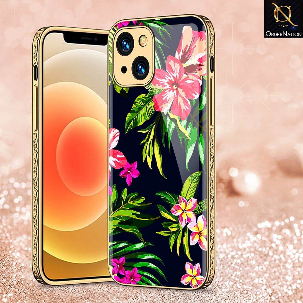 iPhone 13 Cover - Floral Series - HQ Ultra Shine Premium Infinity Glass Soft Silicon Borders Case Premium Electroplated Glass Soft Case Design4