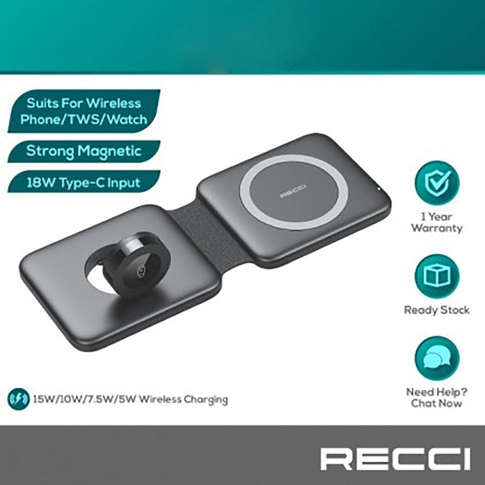 Black - Recci RCW-13 - 15W Magnetic RECCI Wireless Charger 3 in 1 Detachable Folding Function
