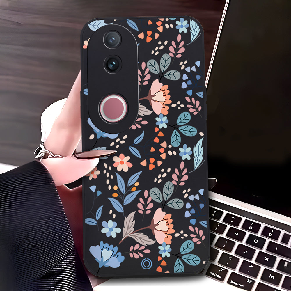 Vivo V50 Cover - Black - D1 - ONation Floral Series - HQ Liquid Silicone Soft Case