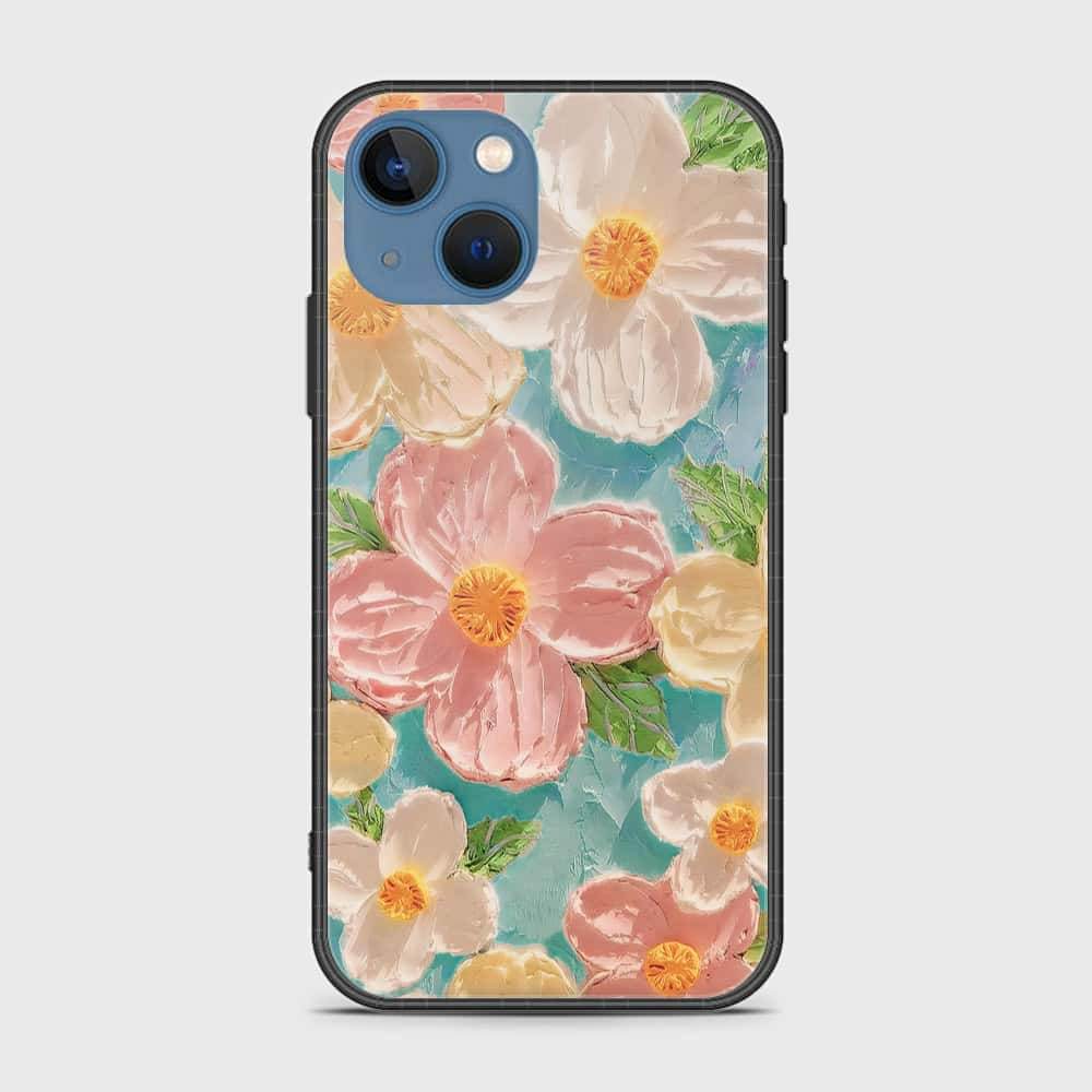 iPhone 13 Cover - Floral Series - Design 16 - Cyan & Pink - HQ Ultra Shine Premium Infinity Glass Soft Silicon Borders Case