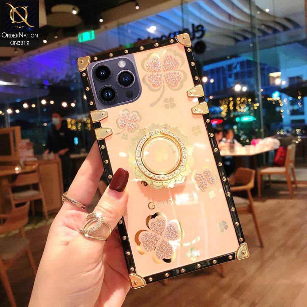 iPhone 16 Pro Max Cover - Golden - Square Bling Diamond Glitter Soft TPU Trunk Case with Ring Holder - Futurestore.pk
